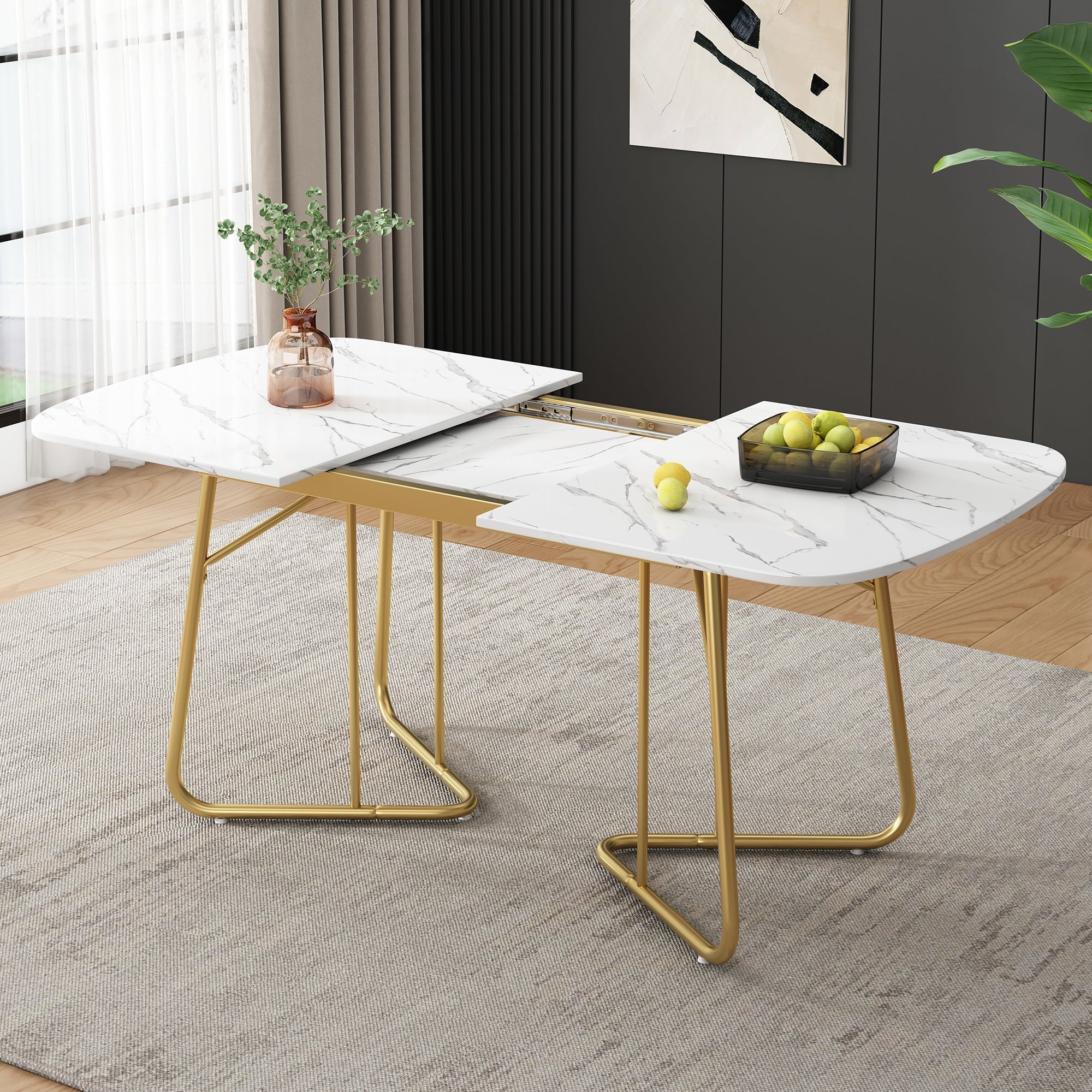 Extendable Dining Table Marble Top 140/180x80cm Gold Metal Legs - White