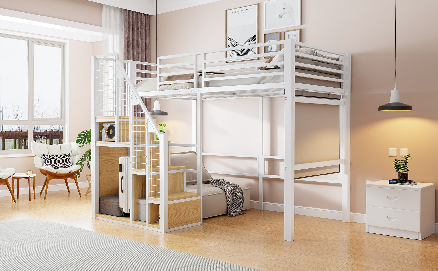 Loft Bed with Safety Ladder and Storage Area, 90x200cm, White Iron Frame