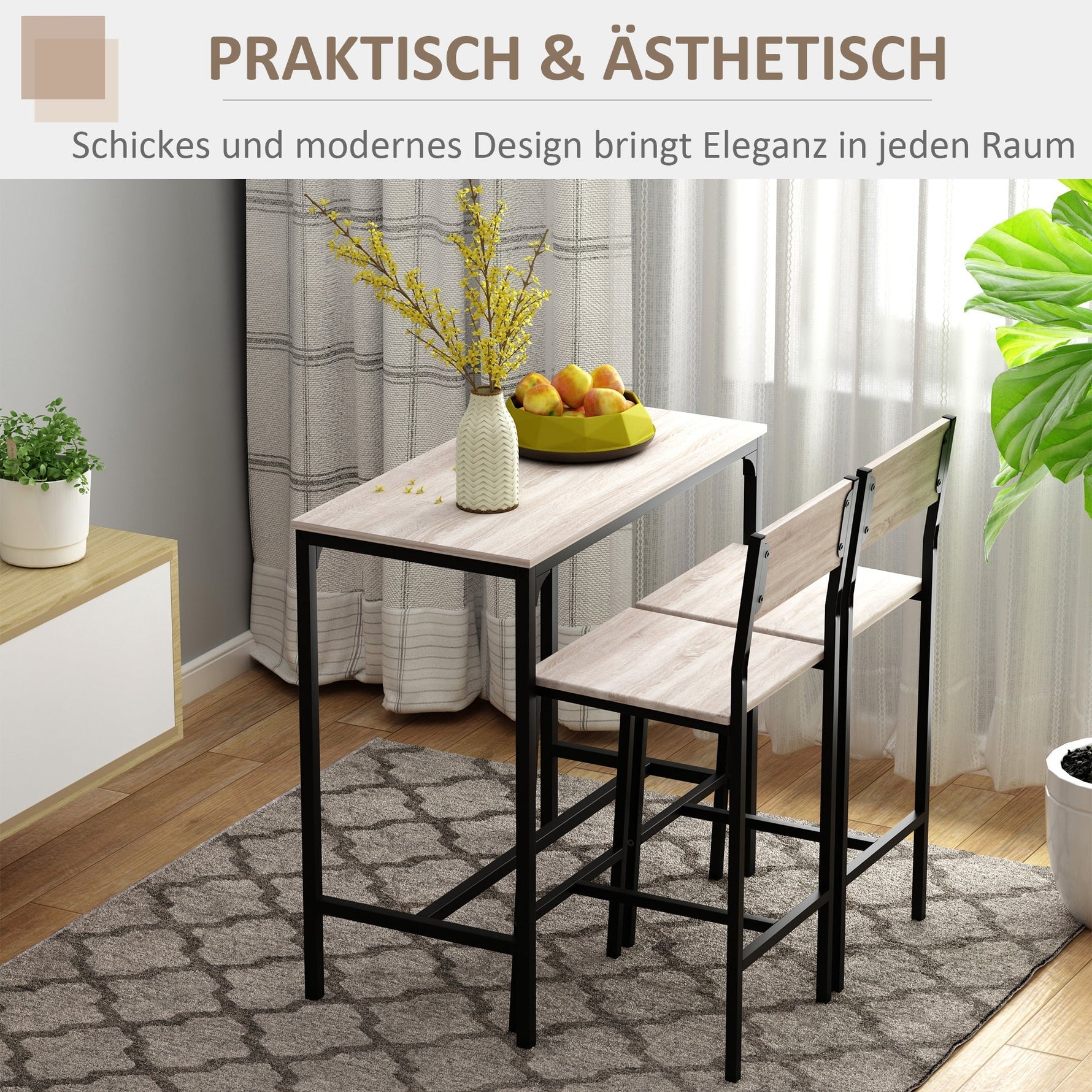 Bar Table with 2 Chairs, 3-Piece Set, MDF, Natural and Black