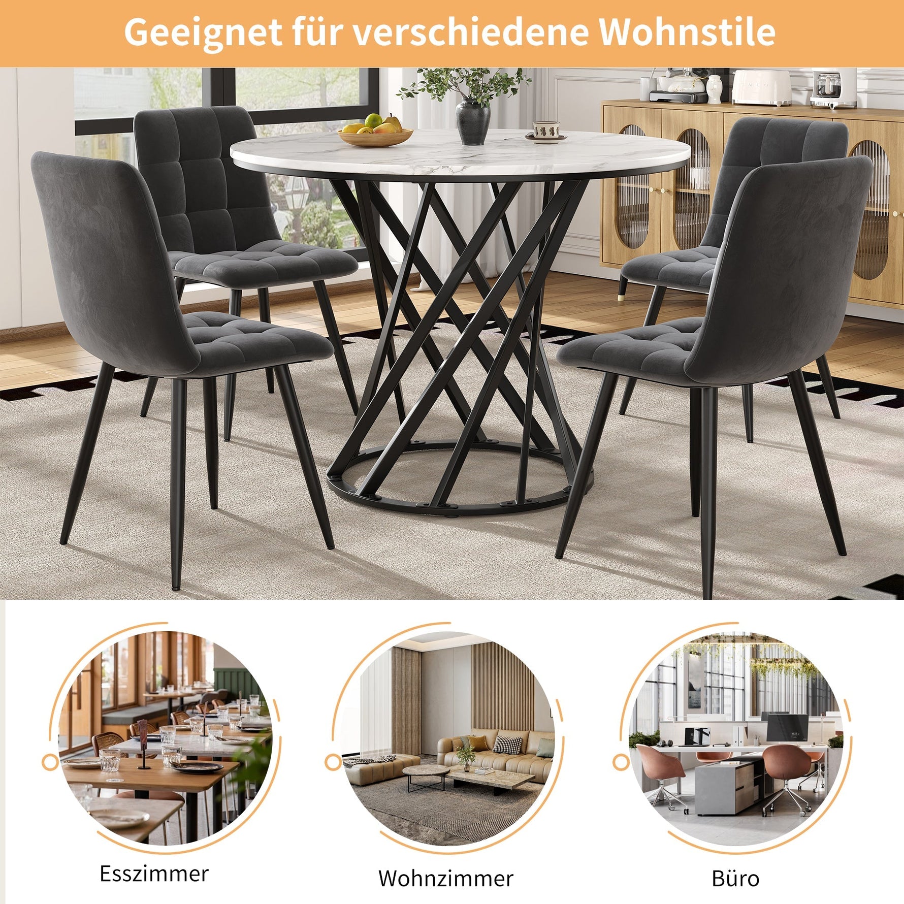 Round Dining Table 80cm for 4 Marbled MDF Top Black Metal Legs