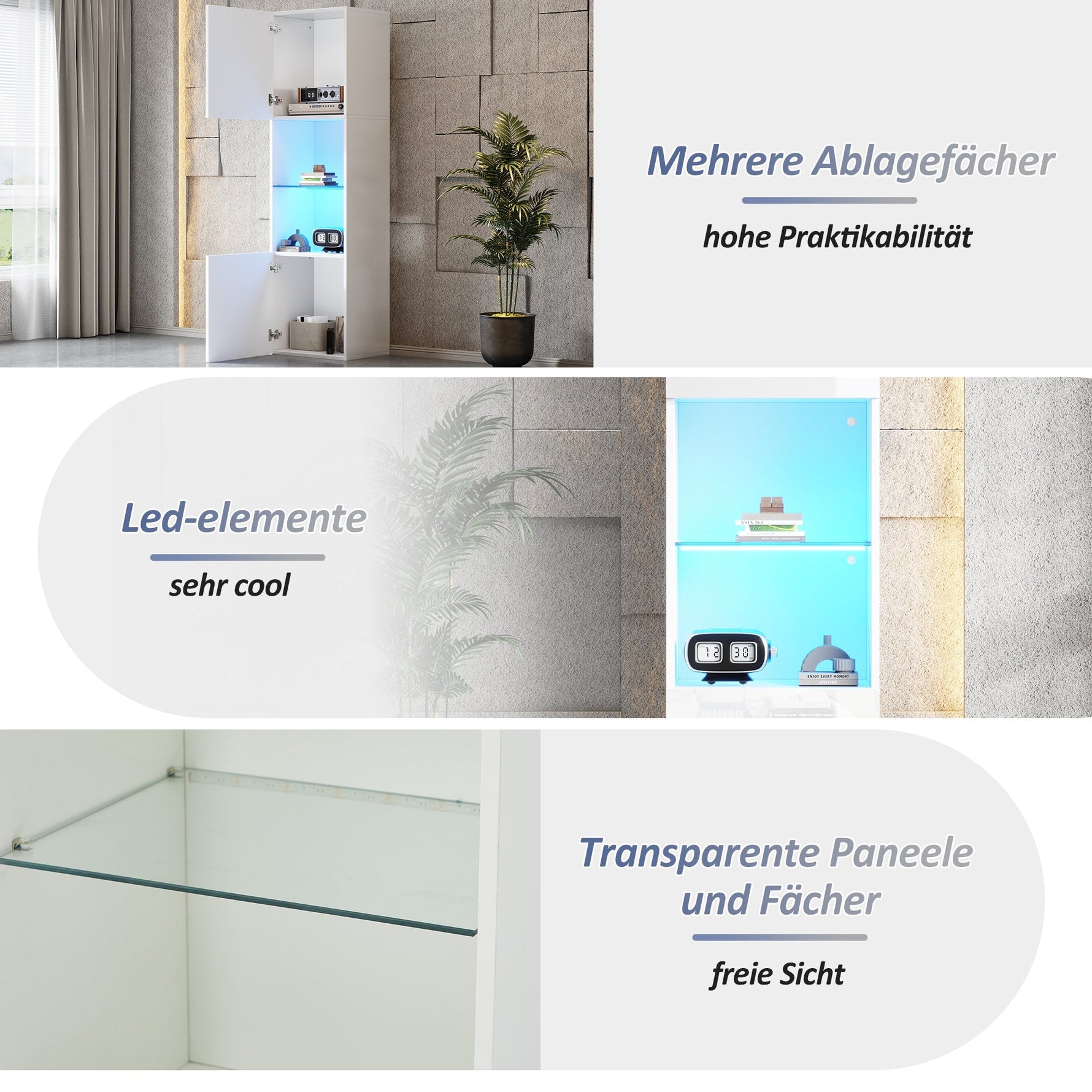 Display Cabinet with LED Lighting, 1 Glass Shelf, 45x35x160 cm, High-Gloss White