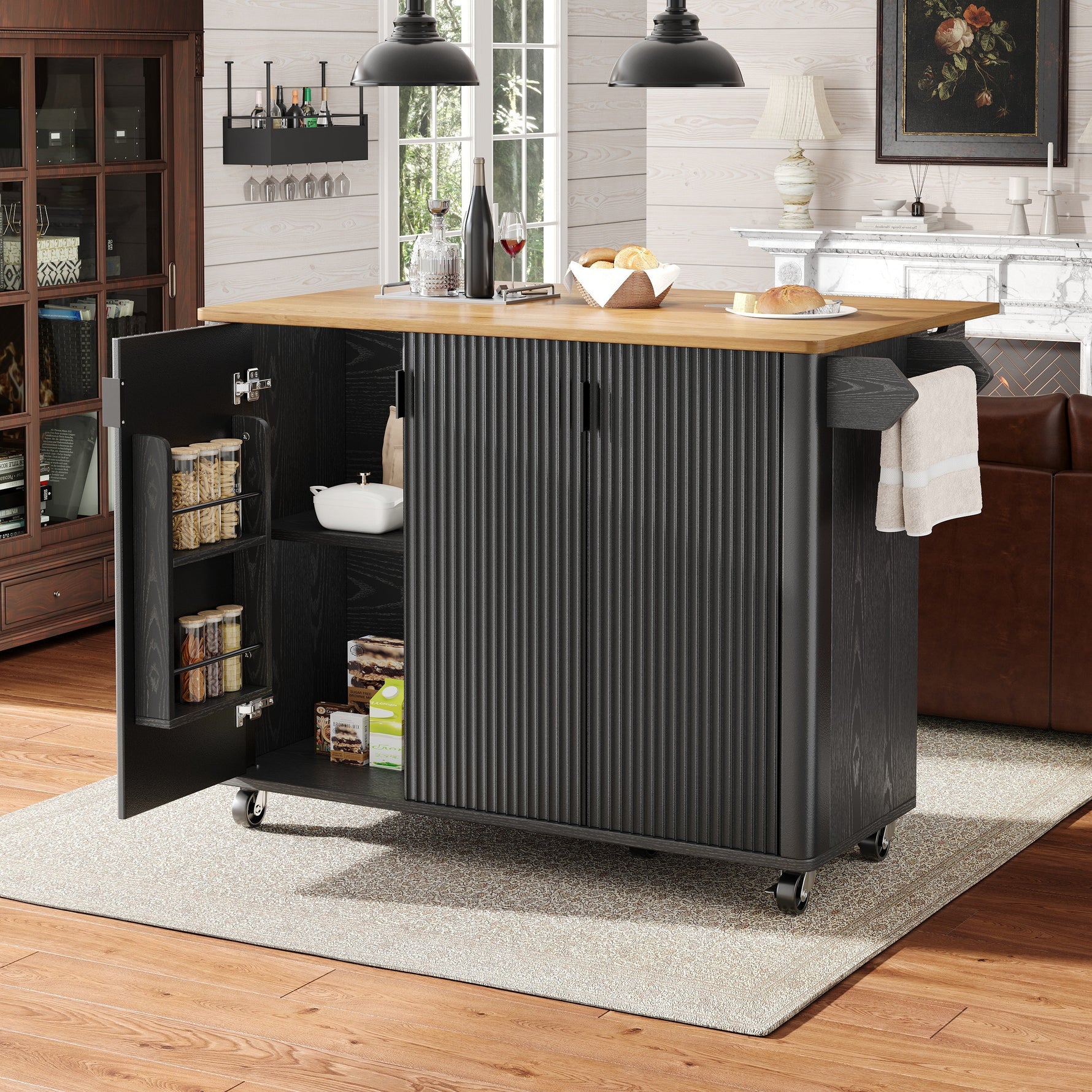 Kitchen Island Extendable 130cm Trolley 3 Doors Spice Rack - White/Black