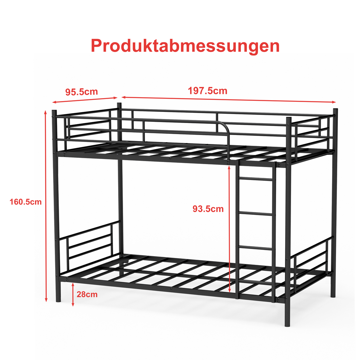 Bunk Bed 90x190cm Loft Bed with Ladder & Railing - Black Iron