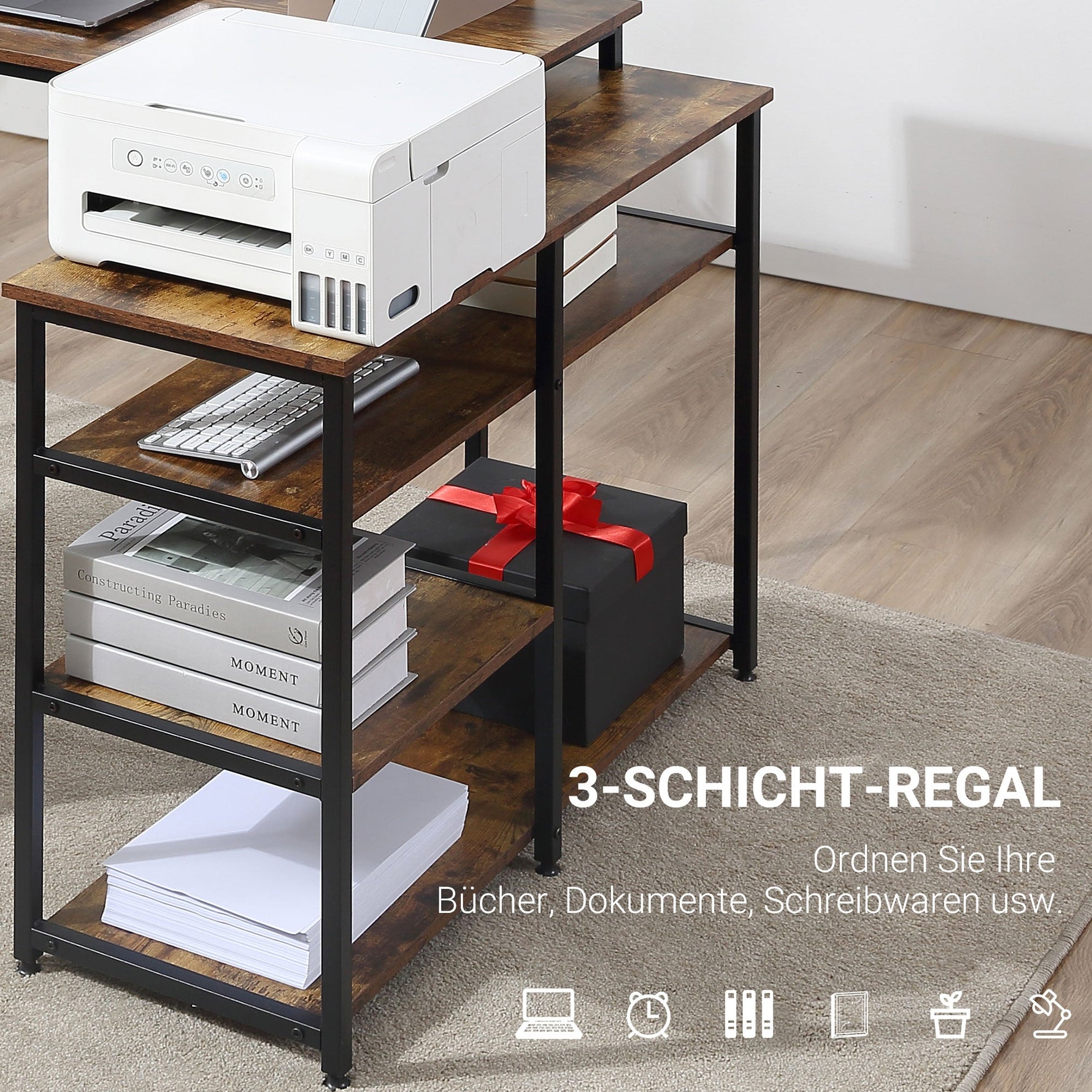 Corner Desk with Shelf and Drawer, L-Shaped, Rustic Brown Chipboard Metal
