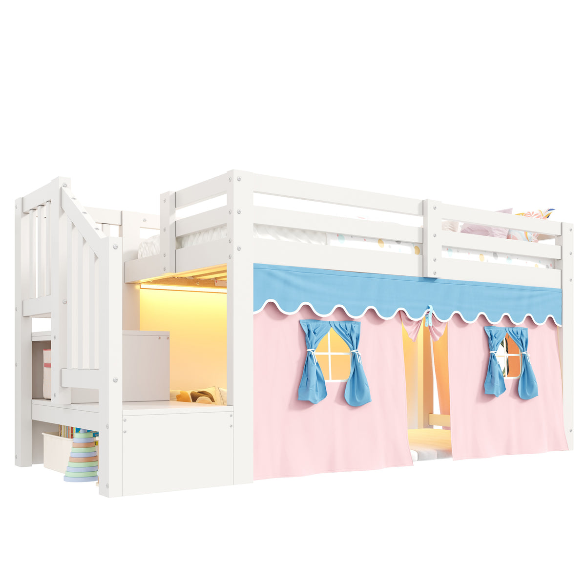 Mid-Height Bed 90x200cm with LED Light & Curtains, White Pine