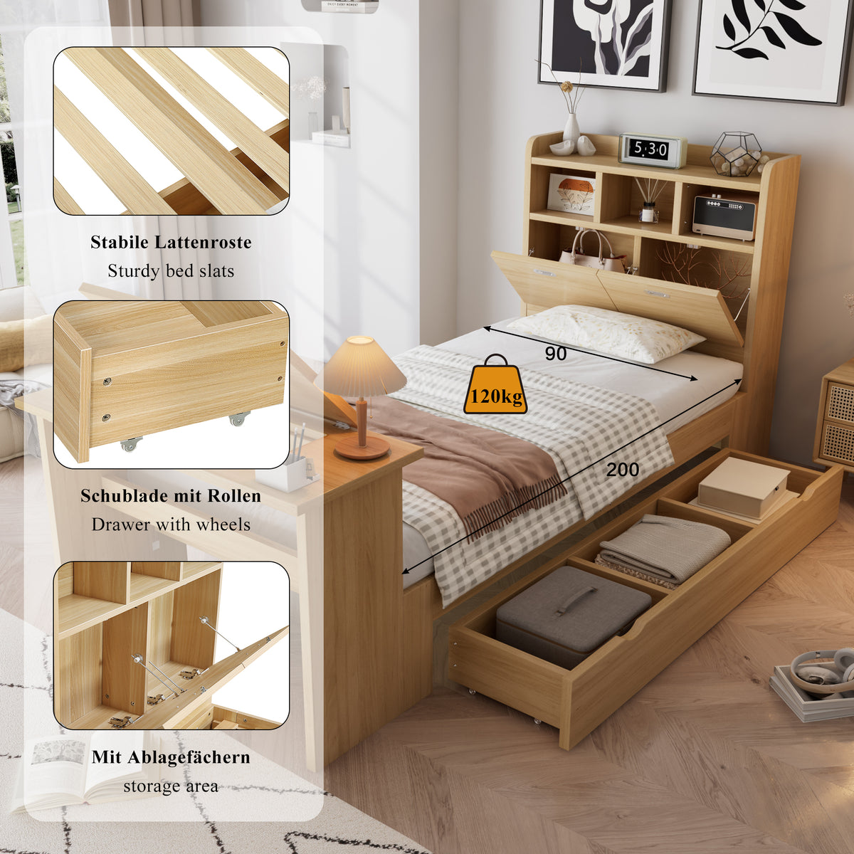 Children's Single Bed 90x200cm with Drawer & Table, Natural Wood