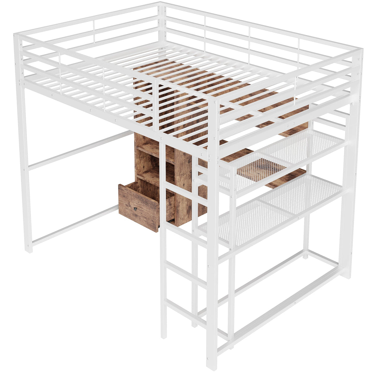 Loft Bed 140x200cm with LED Lights Desk Drawer Shelves Stairs Metal White