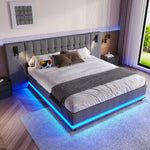Upholstered Bed 180x200cm LED Spotlight USB Port - Linen Grey