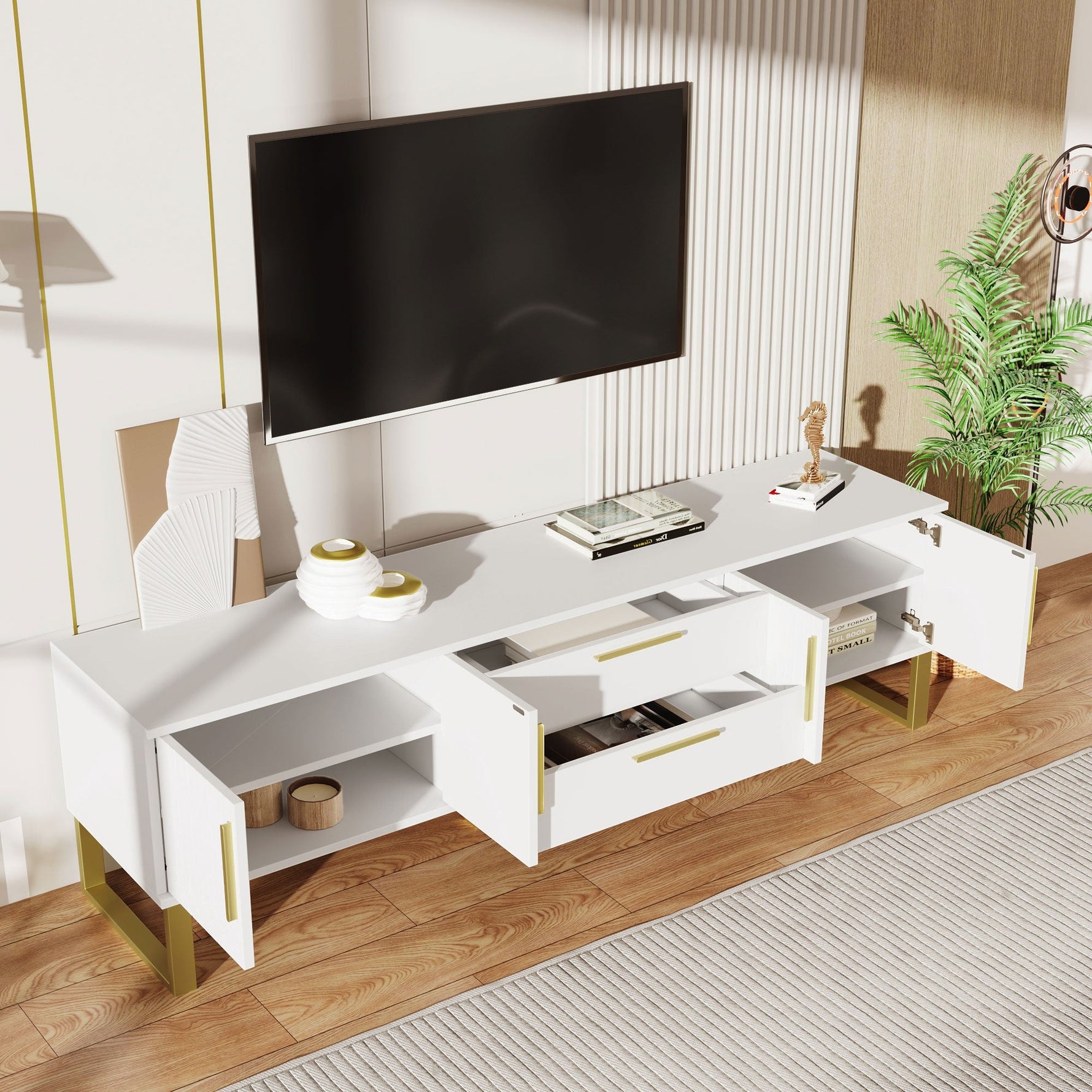 High-Gloss TV Cabinet Engraved Door Gold Handles & Feet Storage