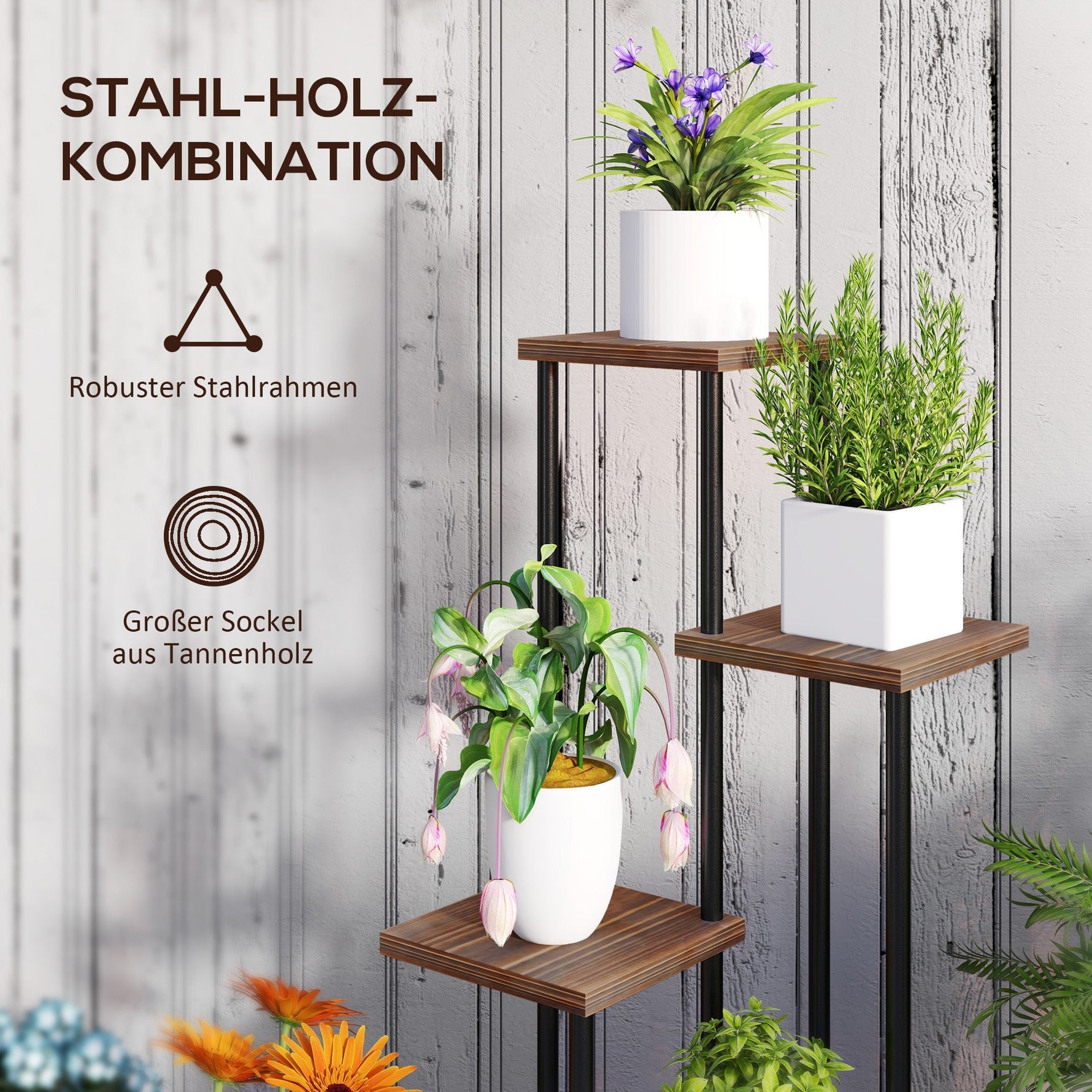 5-Tier Plant Stand, Wheels, 110cm High, Steel Wood, Charred