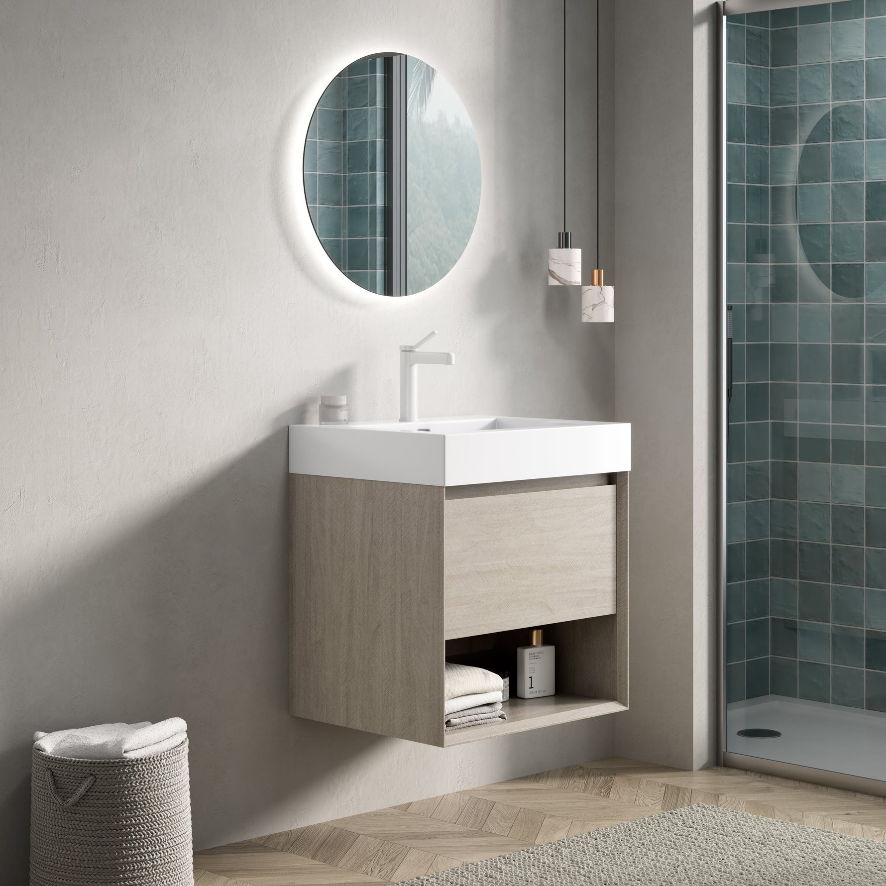 Wall-Mounted Bathroom Vanity Unit with Resin Basin and Storage, Light Oak Wood Grain Plywood