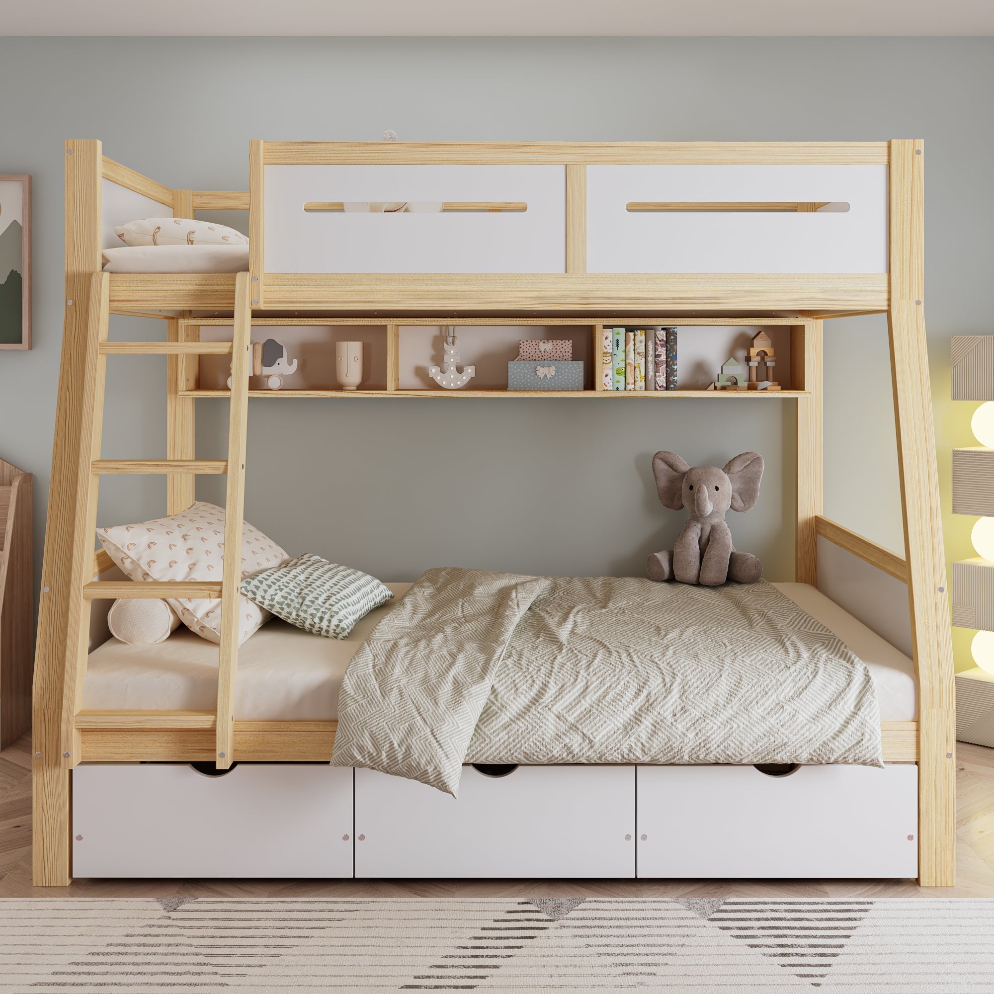 Bunk Bed, 3 Drawers, Book Stand, Fenced, Stepladder, Pine + MDF + Plywood, White + Natural