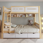 Bunk Bed, 3 Drawers, Book Stand, Fenced, Stepladder, Pine + MDF + Plywood, White + Natural