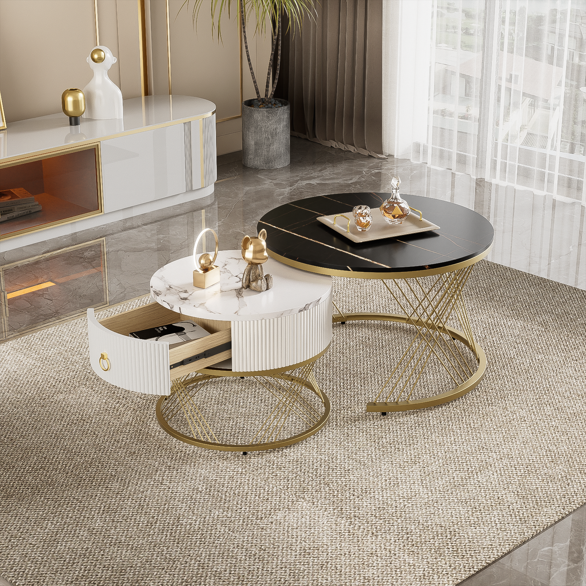 Modular Coffee Table Set of 2, Drawers Marble Look, Gold Decor