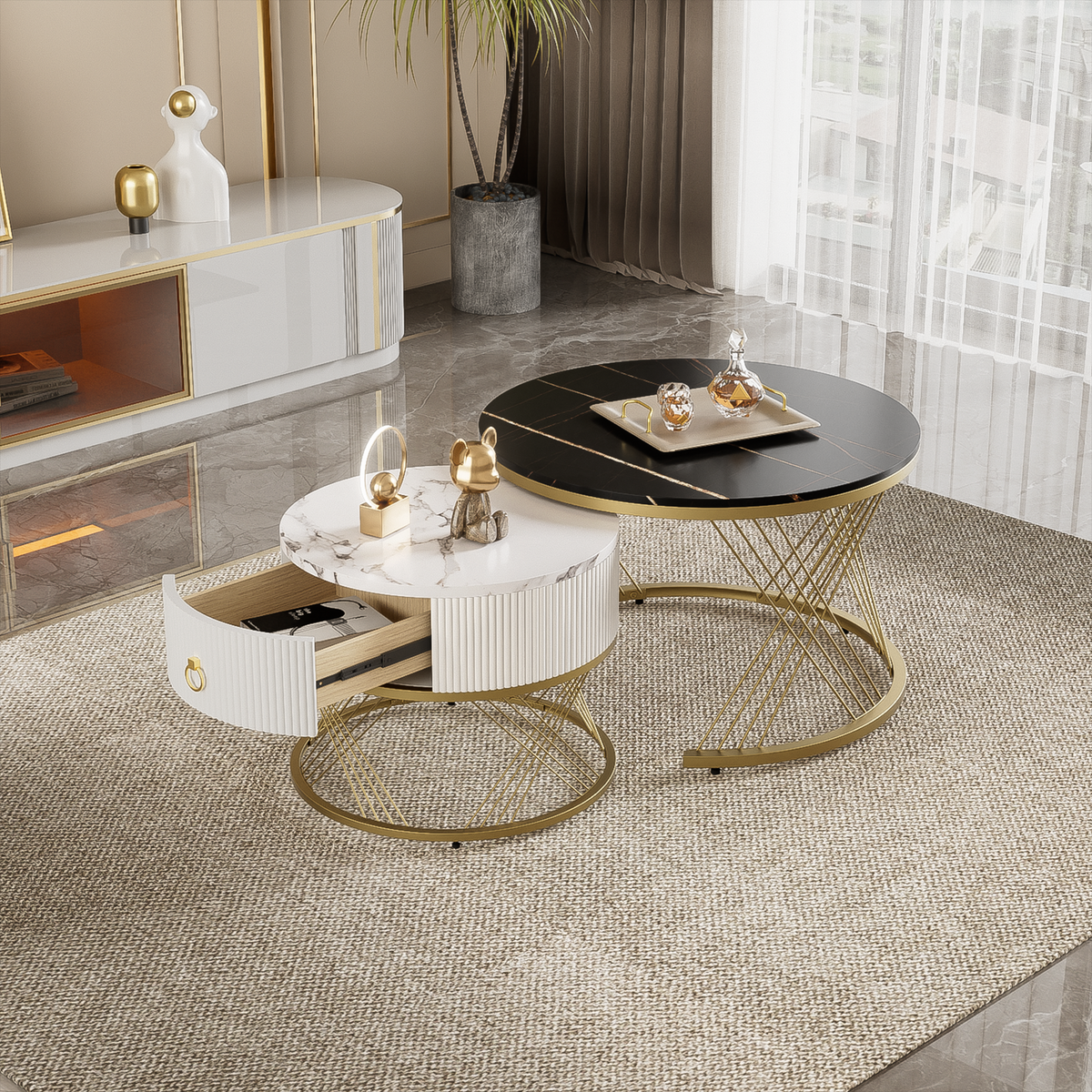 Modular Coffee Table Set of 2, Drawers Marble Look, Gold Decor