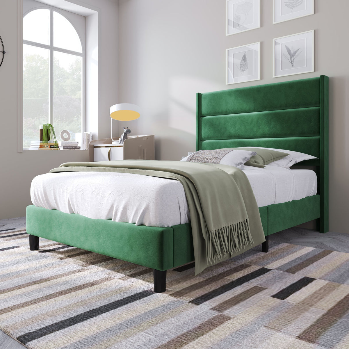 Upholstered Bed, 90x200cm Double with Slatted Frame & Headboard, Dark Green Velvet