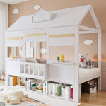 Loft Bed with House-Shaped Design, Bookshelf and Slatted Base, 90x200cm, White Pine + MDF