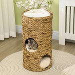 Boho Cat Cave, 3-Tier 3-Entrance with Cushion, Light Brown + Cream White