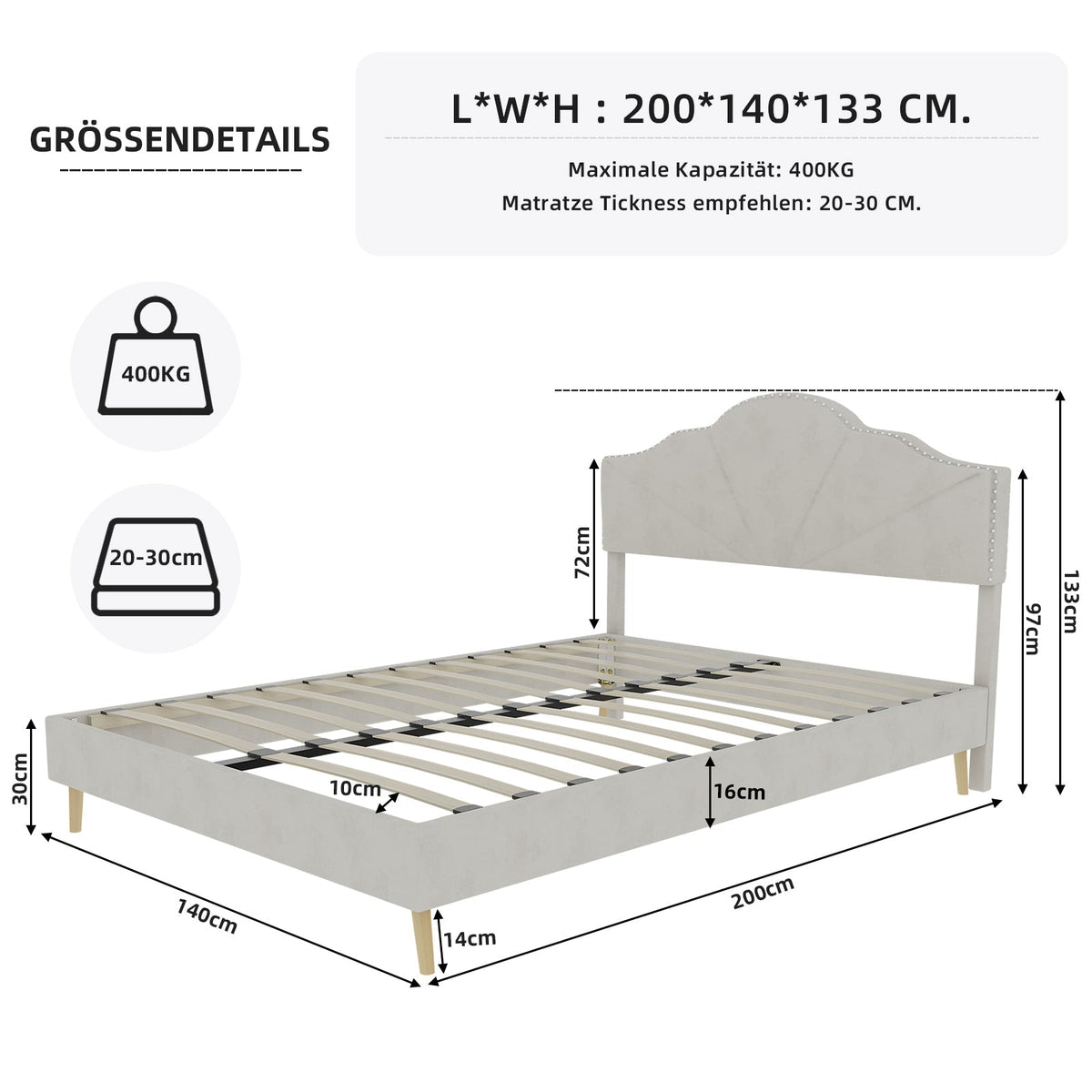 Modern Minimalist Soft Bed, Comfortable Headboard, 140*200CM, Beige