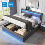 Upholstered Bed 140x200cm USB Charging LED Light Storage PU Lychee Grey