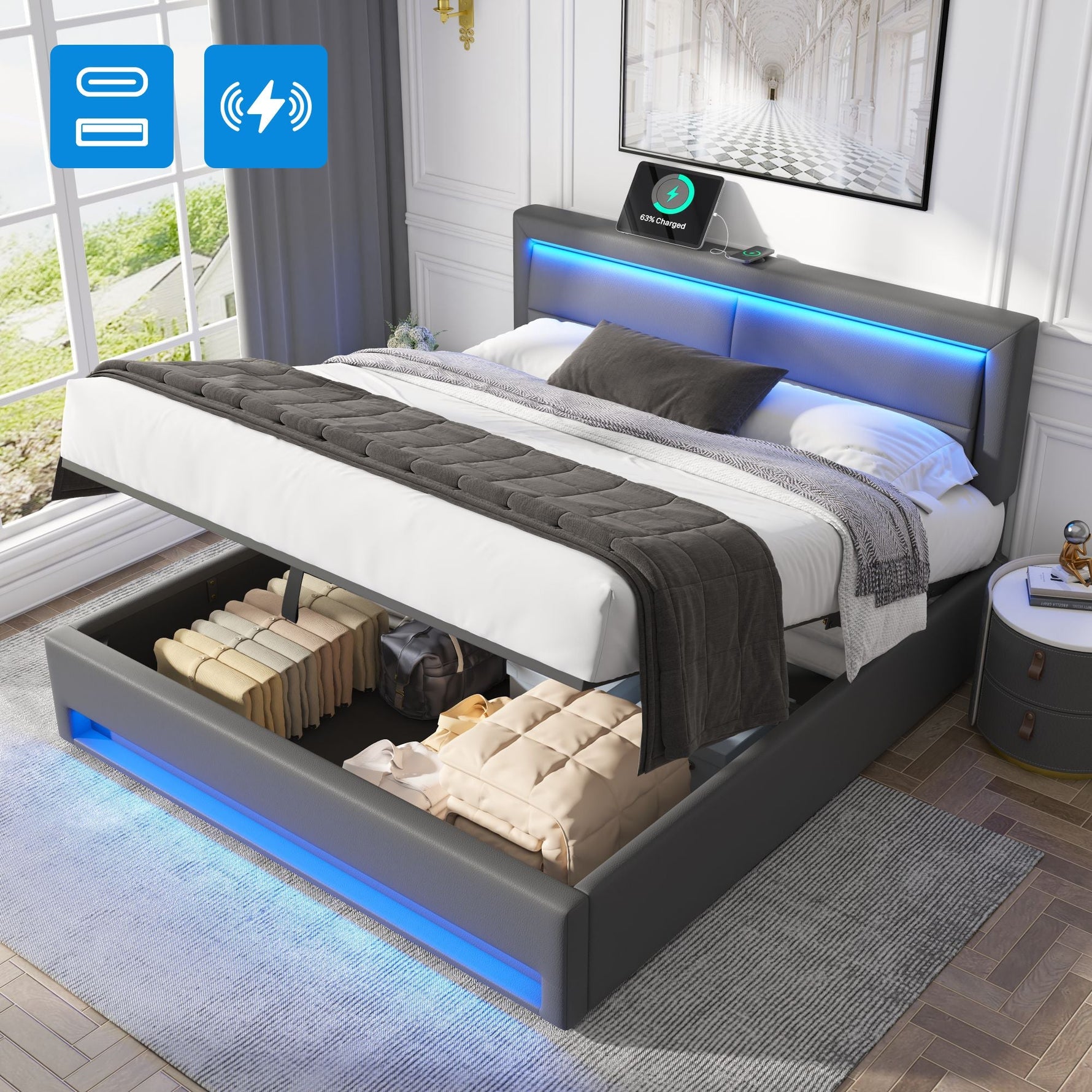 Upholstered Bed 140x200cm USB Charging LED Light Storage PU Lychee Grey