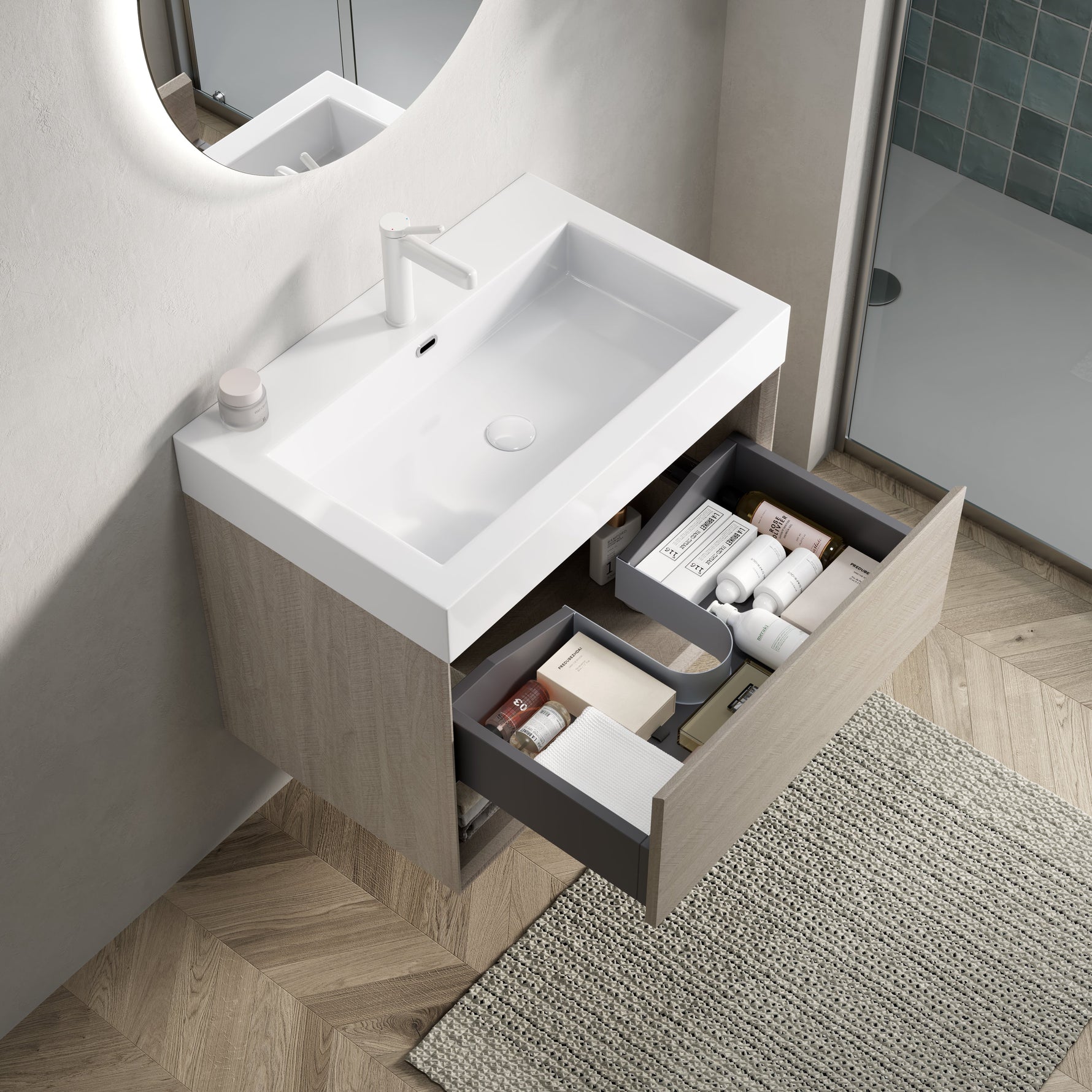 Wall-Mounted Bathroom Vanity Unit with Integrated Resin Basin and Storage, Light Oak wood Grain Color