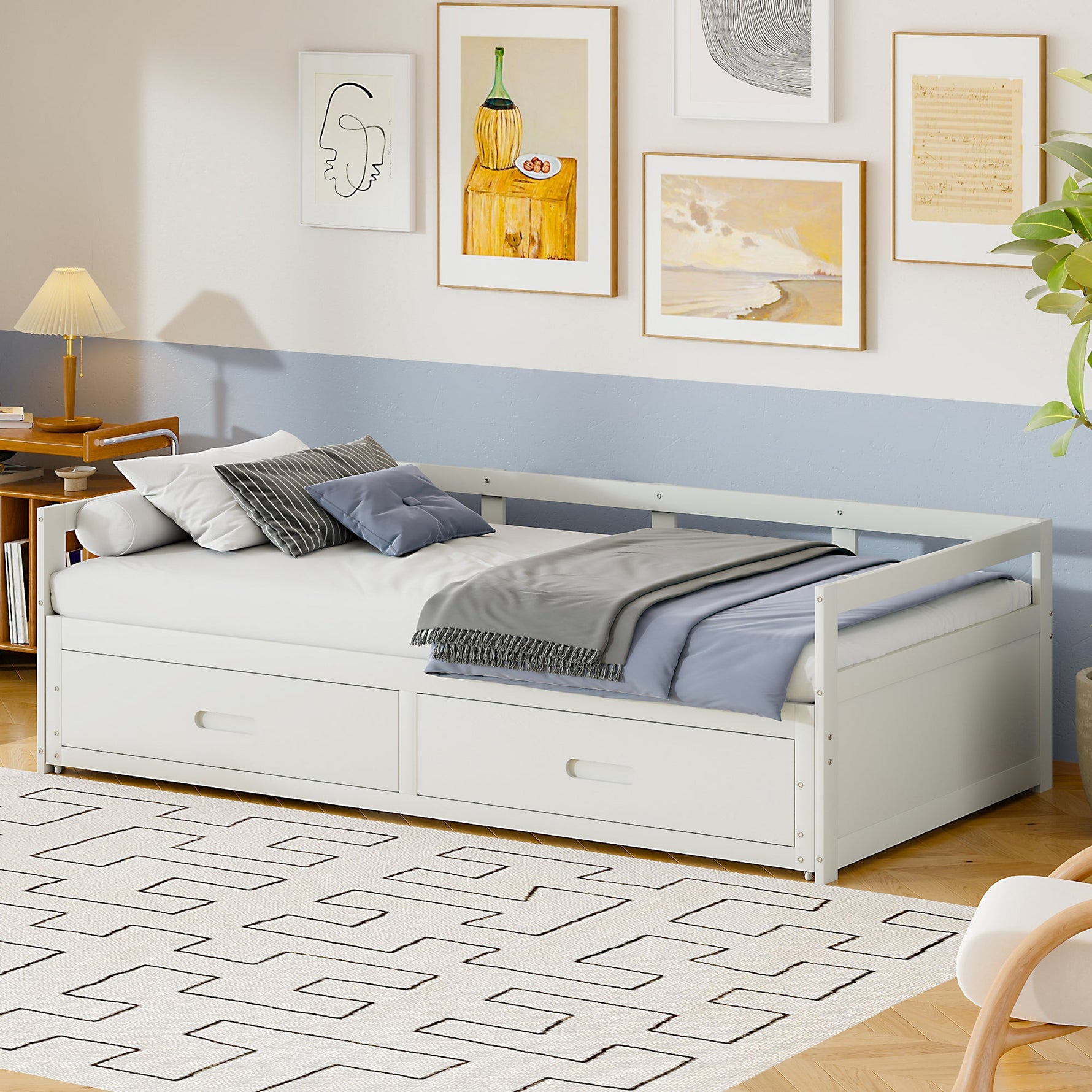 Pull-out Sofa Bed, 90/180x200 cm, Drawers & Slatted Frame, Pine Wood, White