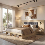 Double Bed with Storage, Charging Station, Reading Lamp and 2 Bedside Tables, 180x200cm, Light Oak Wood