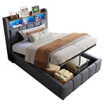 Upholstered Bed 90x200cm with LED & Storage, Linen Grey