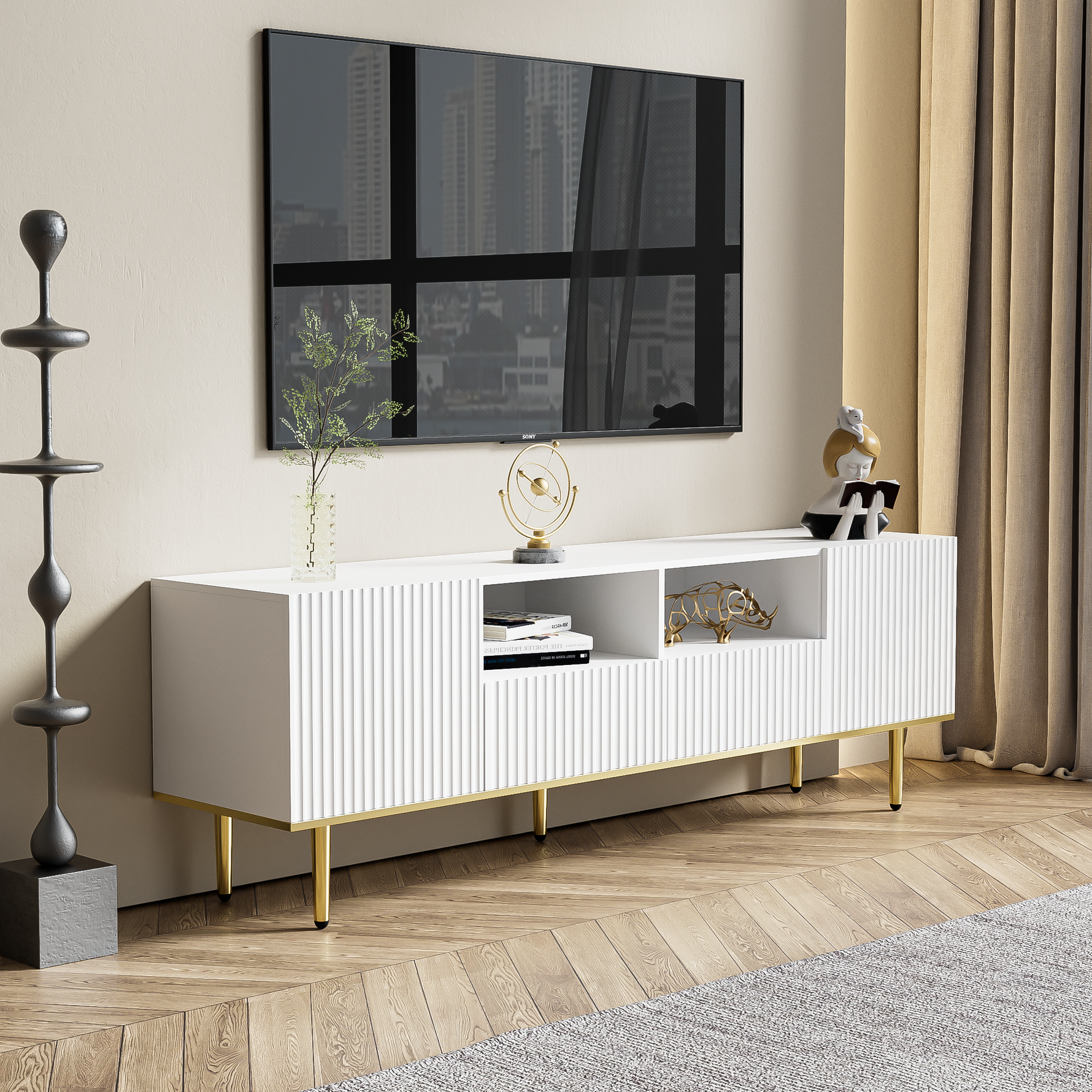 TV Cabinet, Modern with Gold Legs and Trim, Gold