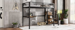 Iron Bunk Bed, Loft Bed with Table & Wardrobe, 90x200cm, Black Iron & Dark Wood