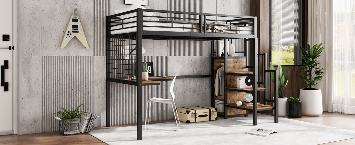 Iron Bunk Bed, Loft Bed with Table & Wardrobe, 90x200cm, Black Iron & Dark Wood