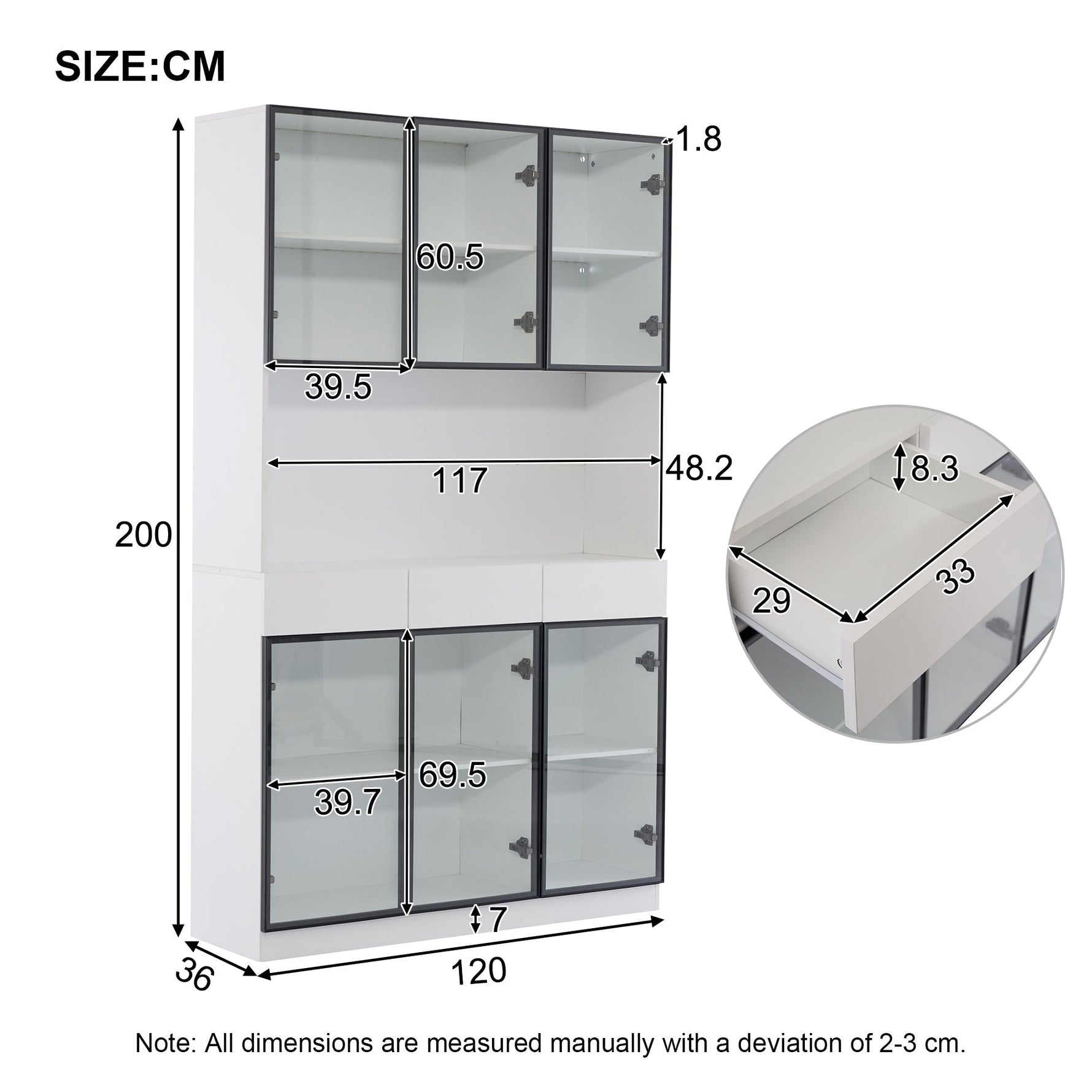 White Display Cabinet with LED Lights and Glass Doors, 200cm High, White and Black Frame
