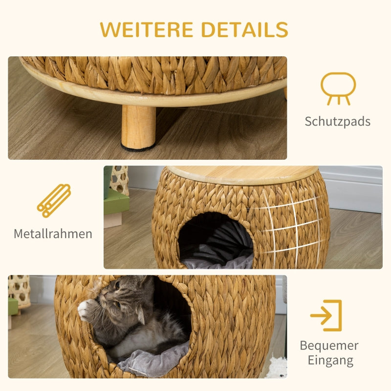Cat Cave, Water Hyacinth Grass with Washable Cushion, Light Brown + Natural Wood + Grey