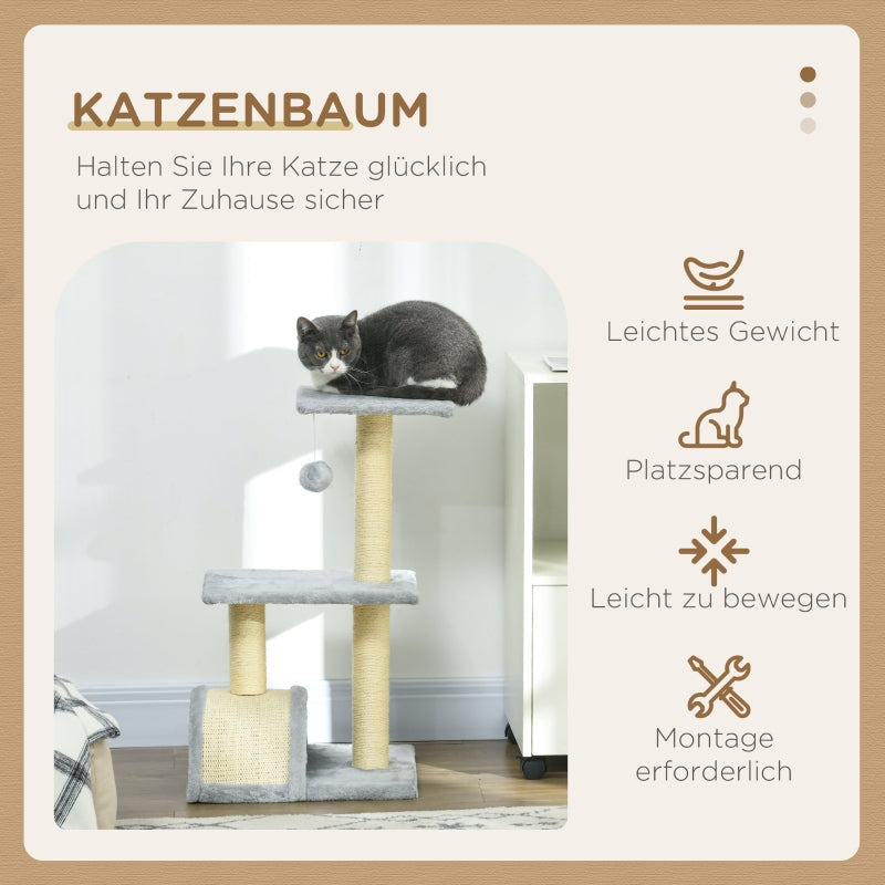 Cat Tree 72cm with Plush Balls, Sisal Posts, Platform, Scratching Board, Light Grey