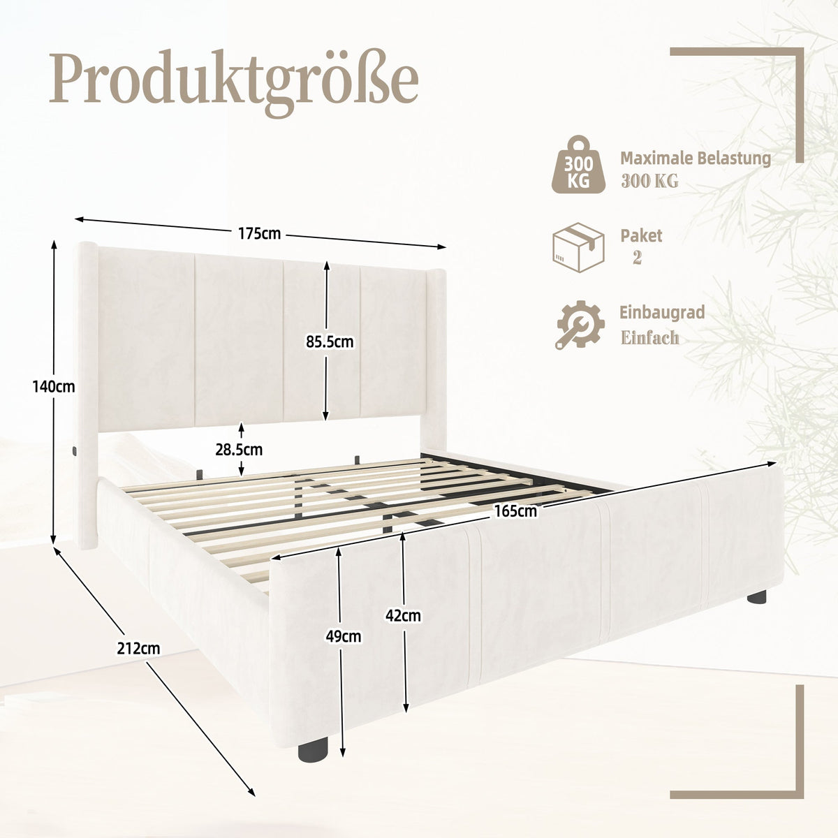 Upholstered Bed Frame, Modern with USB Port, Iron & Wood, Beige