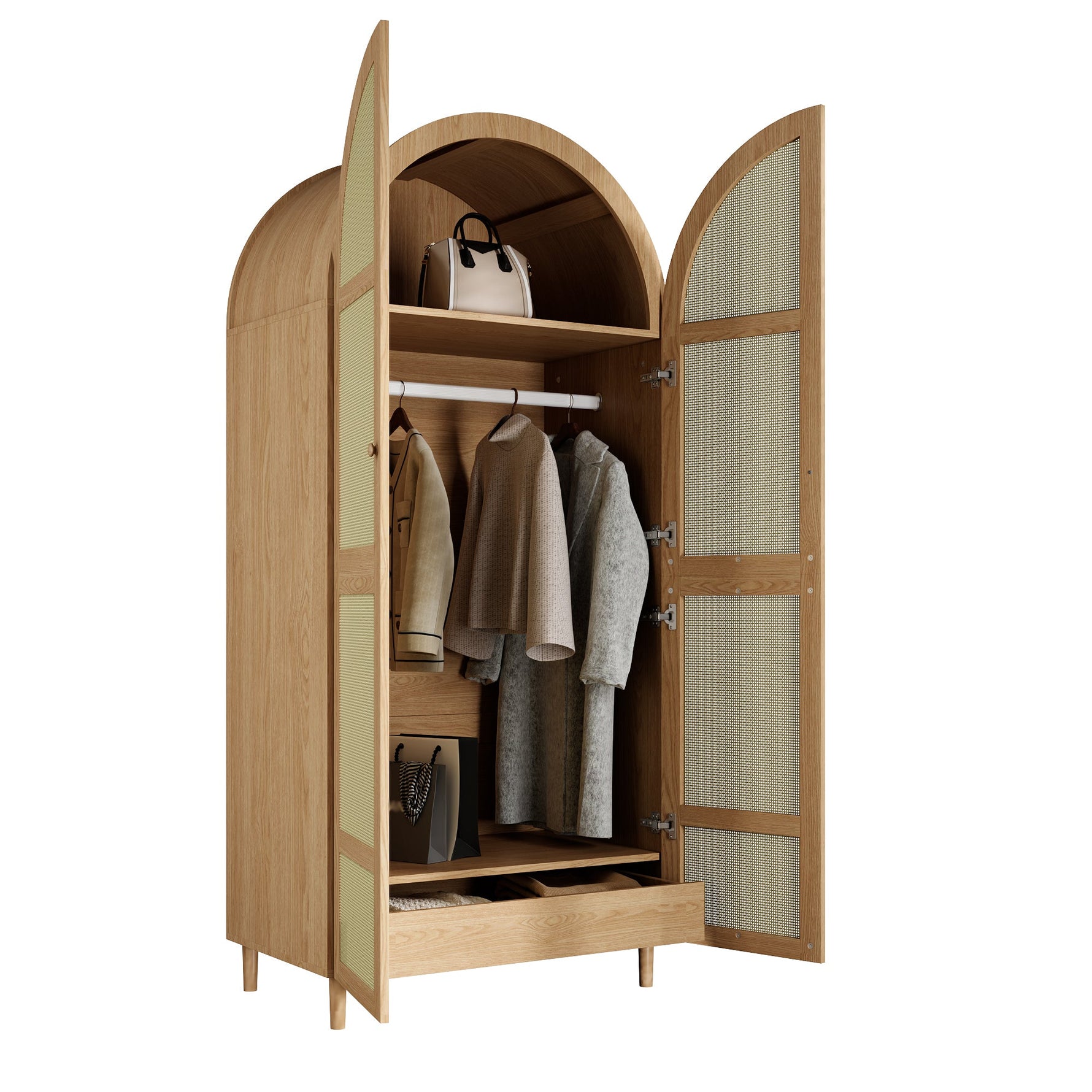 Modern Wardrobe with Curved Doors, Clothes Rail & Drawers, Natural Wood