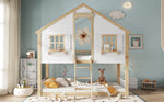 Bunk Bed, Children's with Windows & Roof, Safety Rails, Pine & MDF, White & Natural, 90x200cm