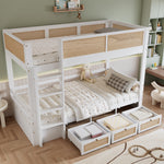 Children's Bunk Bed with 3 Drawers & Rattan Railing, White Pine Wood