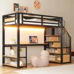 Metal Loft Bed with LED, Socket, Storage Ladder, Shelves and Desk, 90x200cm, Black Metal