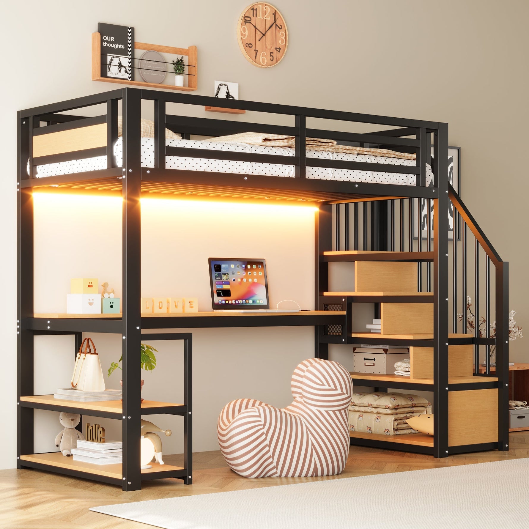 Metal Loft Bed with LED, Socket, Storage Ladder, Shelves and Desk, 90x200cm, Black Metal