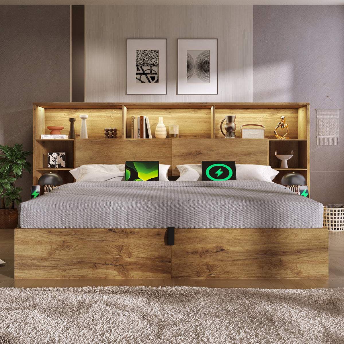 System Storage Bed 160x200 with Mattress, LED & USB-C, Oak Look
