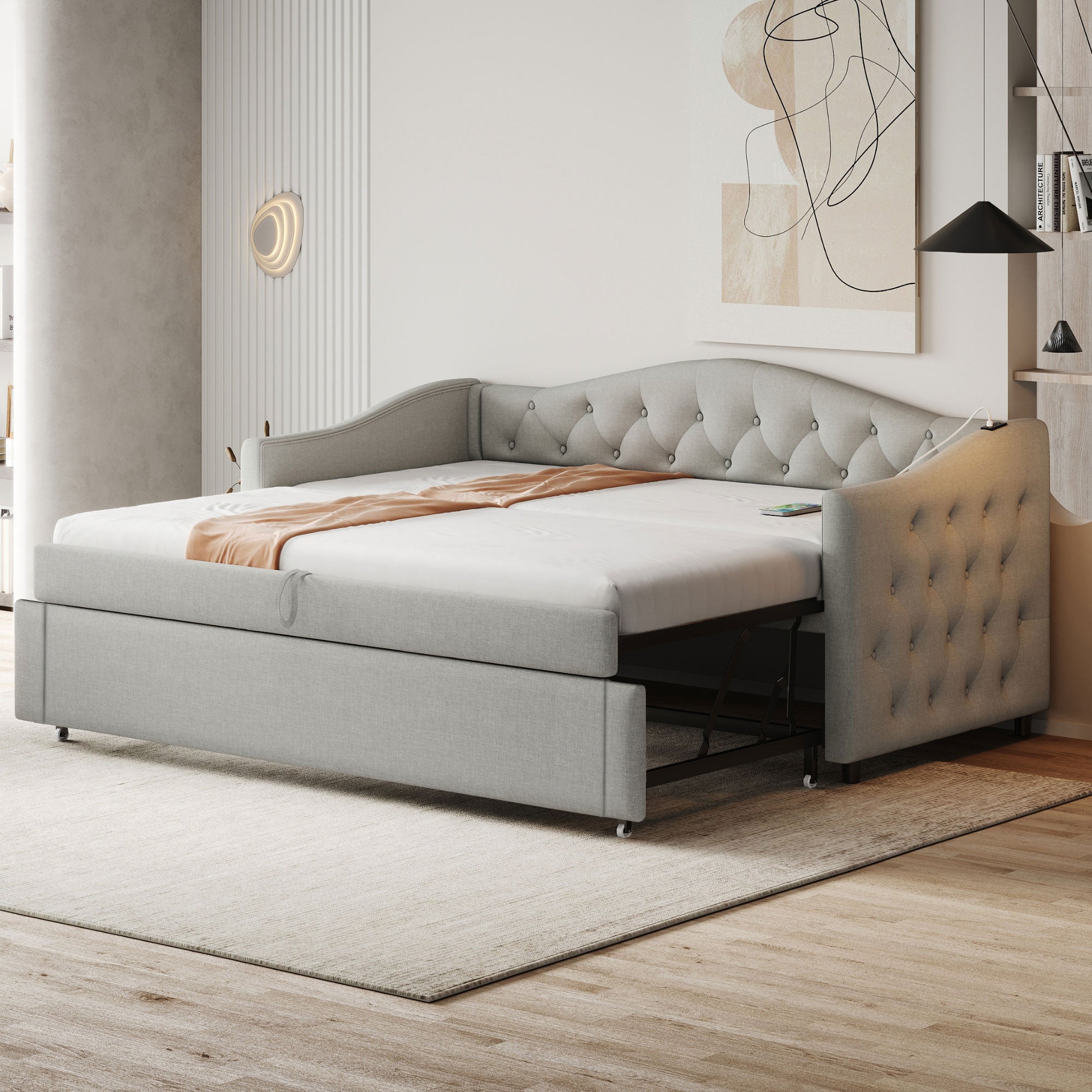 Upholstered Bed Pull-out Sofa Bed, 90 x 200 cm, USB Port, Linen Fabric, Grey
