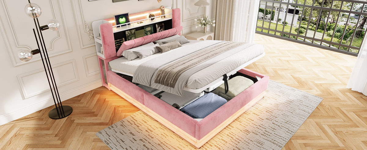 Smart Upholstered Bed 160x200cm with LED & Storage, Pink Velvet