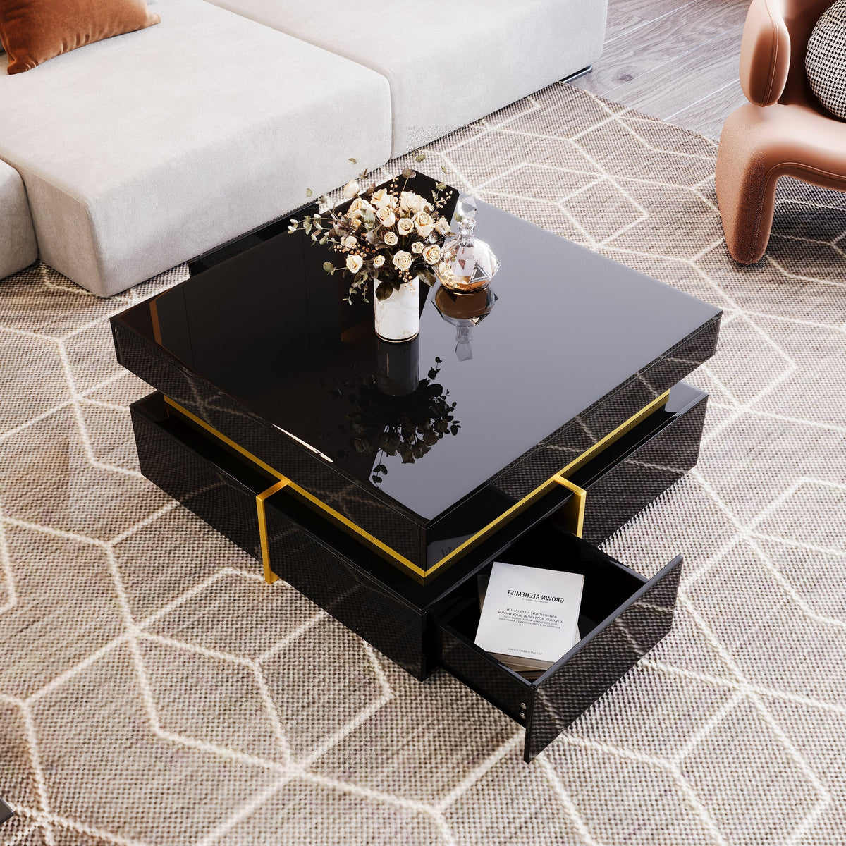 Coffee Table with Drawers, High-Gloss, Gold Accents