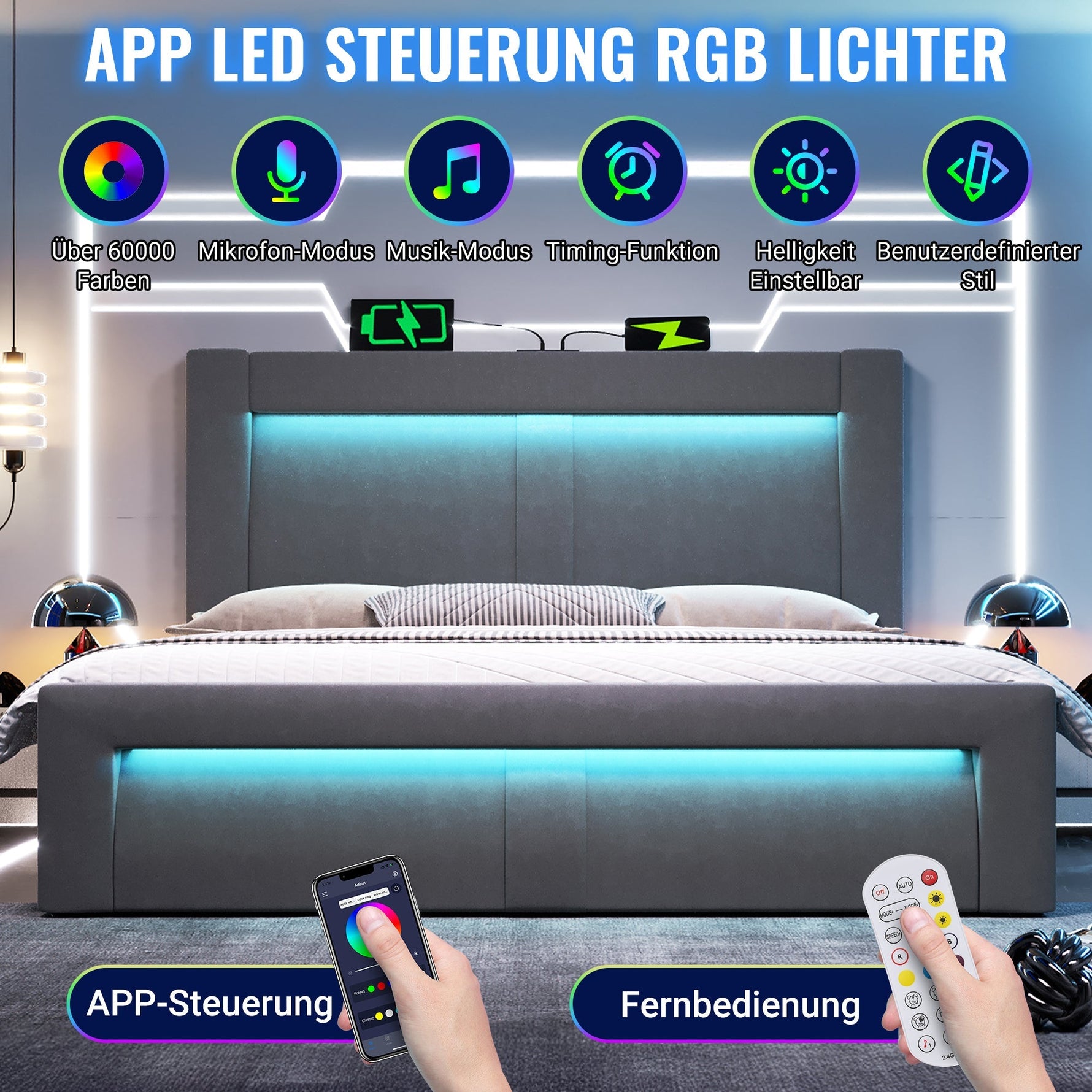 Double Bed with Hydraulic Storage, LED Lighting and USB Charging, Grey Velvet