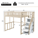 Loft Bed 140x200cm with Safety Ladder Railing & Storage Solid Pine Wood Color