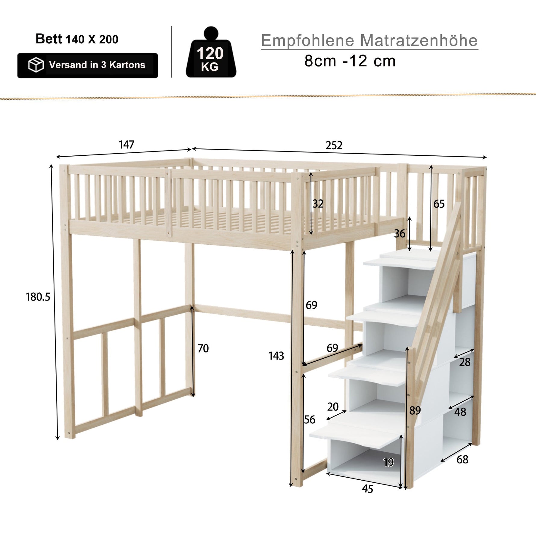 Loft Bed 140x200cm with Safety Ladder Railing & Storage Solid Pine Wood Color