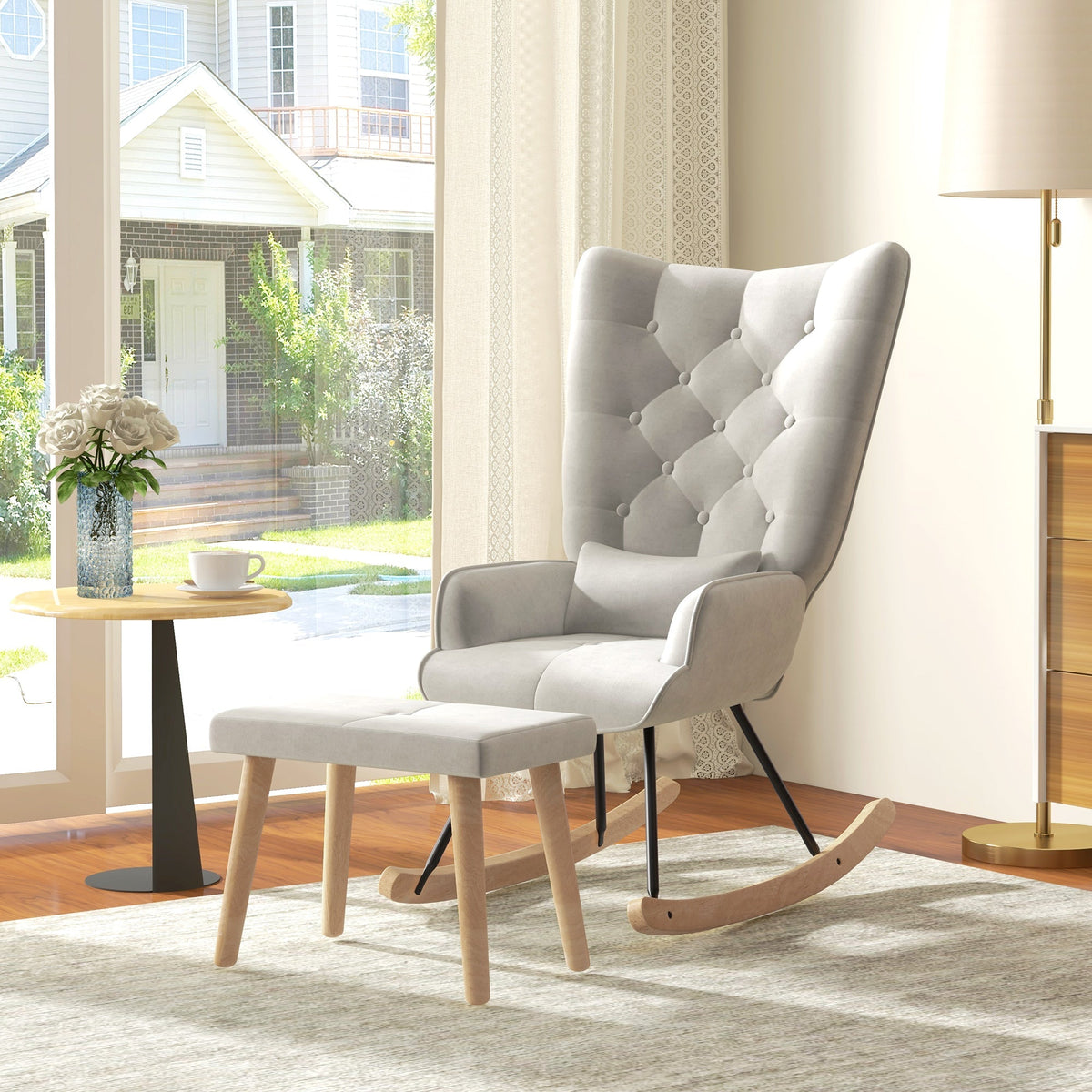 Rocking Chair with Stool, Cushion, Wingback, Cream White Velvet