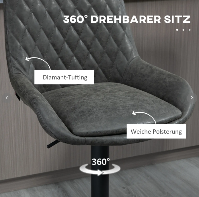 Bar Stools, Height-Adjustable with Backrest, Faux Leather Dark Grey